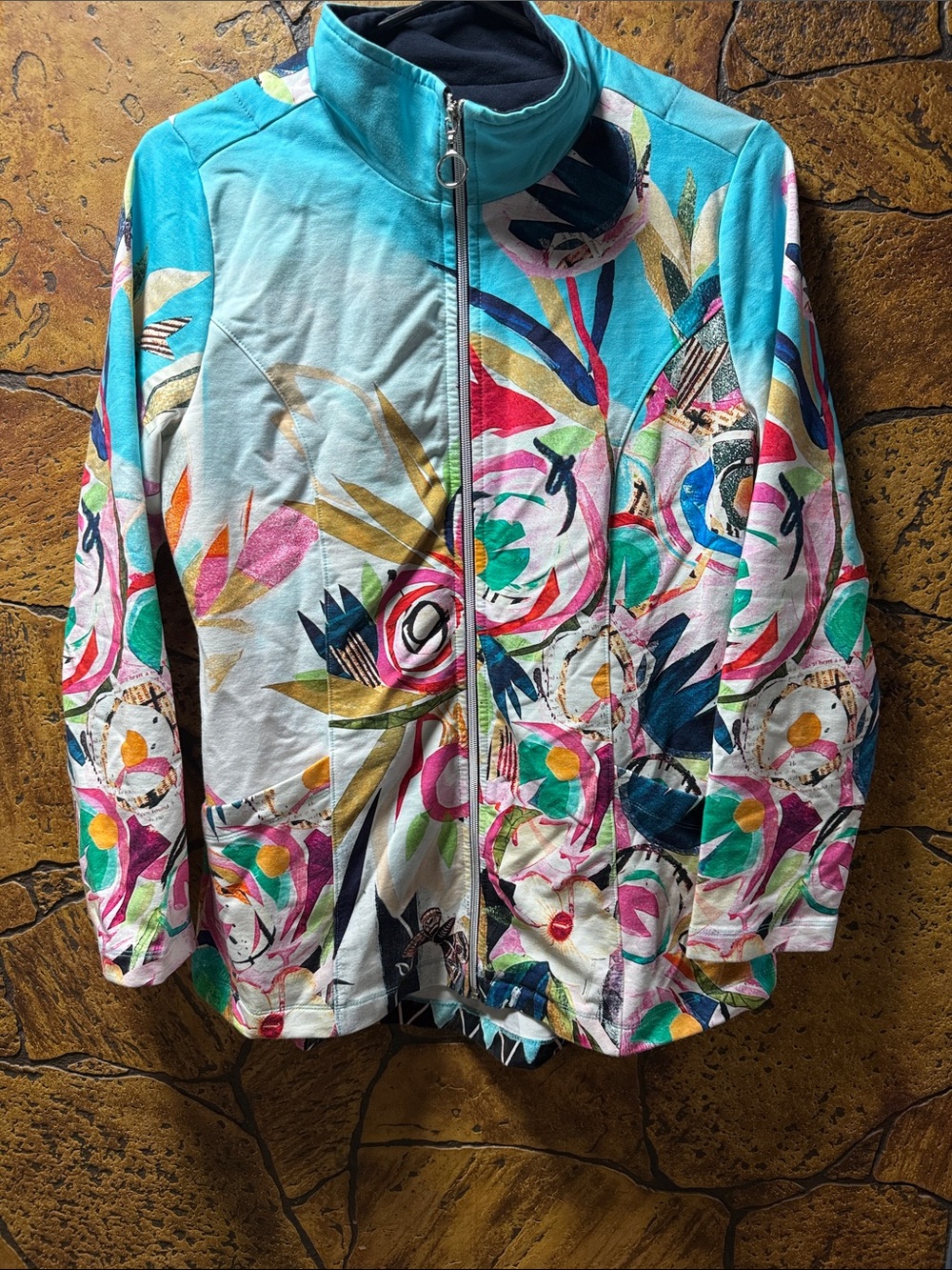 Women's Floral Print Zip Bomber Jacket - Turquoise Multi P2P 18” length 27”